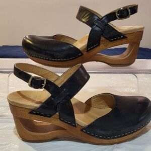 DANSKO Thea black leather cut out wooden wedge clog